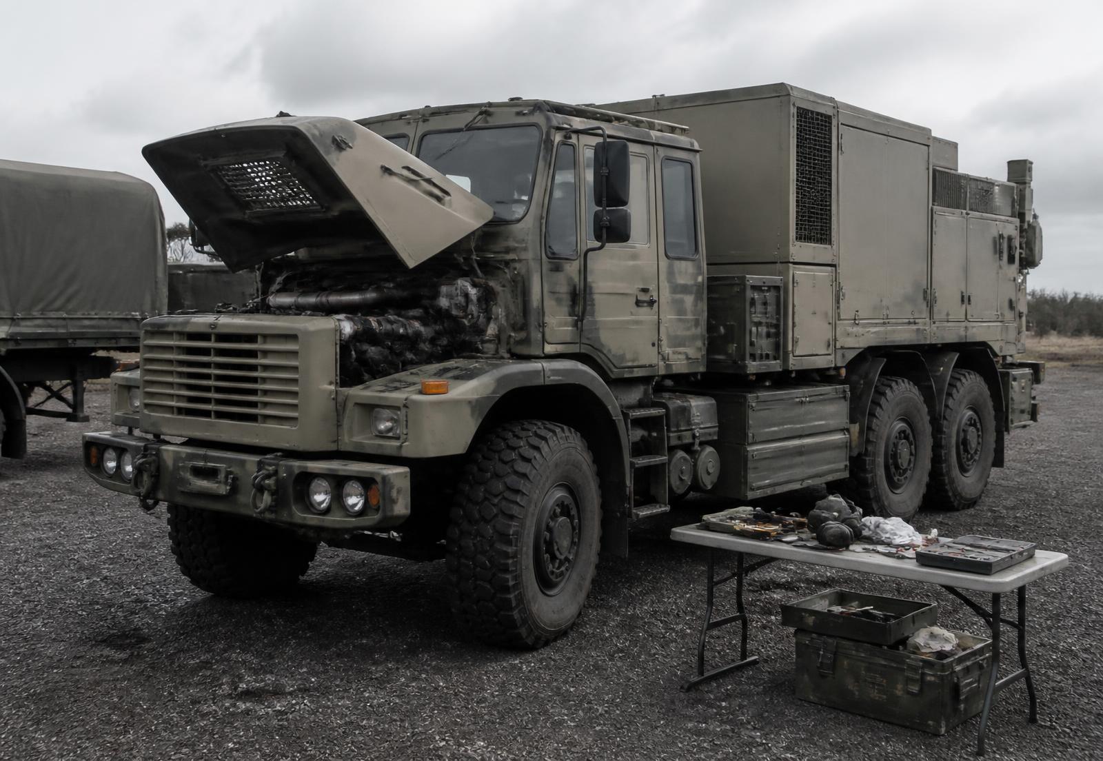 Wheeled tactical logistics vehicle undergoing field maintenance under overcast light