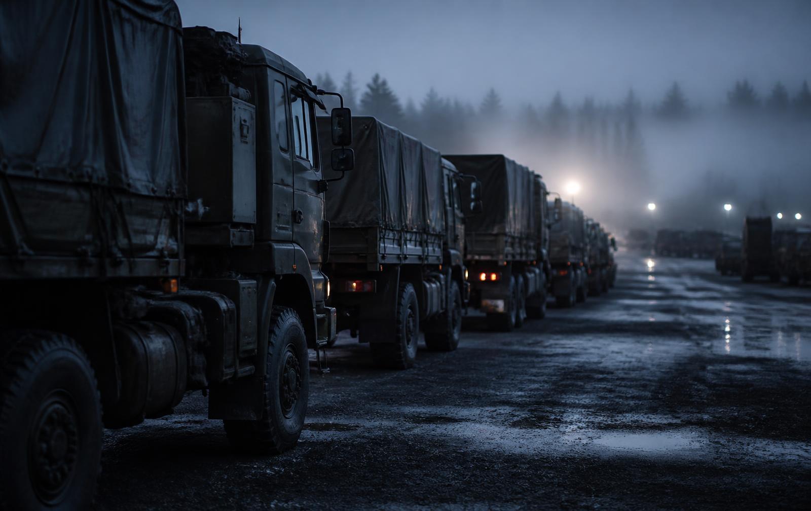 Military logistics fleet staged for deployment