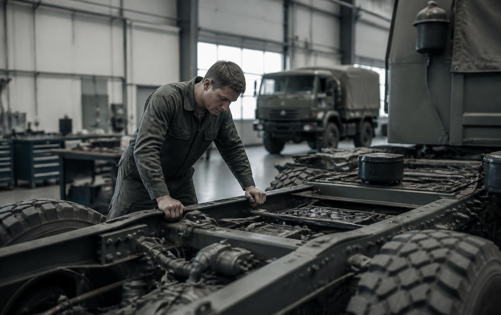 Mechanic inspecting a military vehicle in a workshop